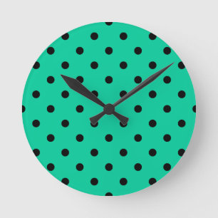 Small Polka Dots - Black on Caribbean Green Round Clock