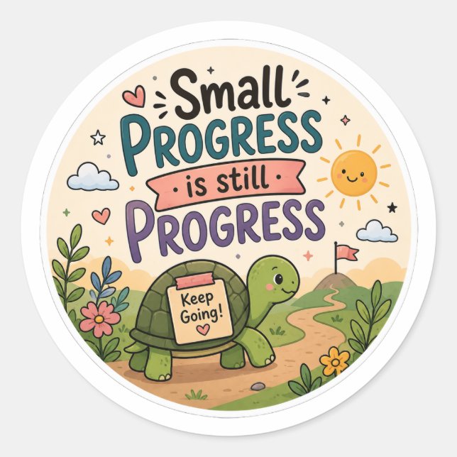 Small Progress Is Still Progress Cute Turtle Classic Round Sticker (Front)