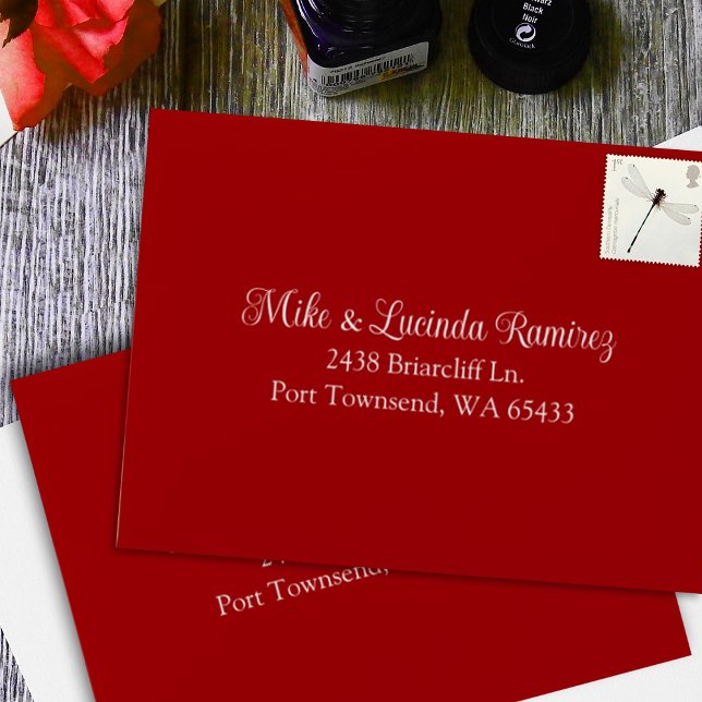 Small Red, Pre-addressed Quinceanera RSVP Envelope (red quinceanera rsvp smaller envelopes, red apple ruby red)