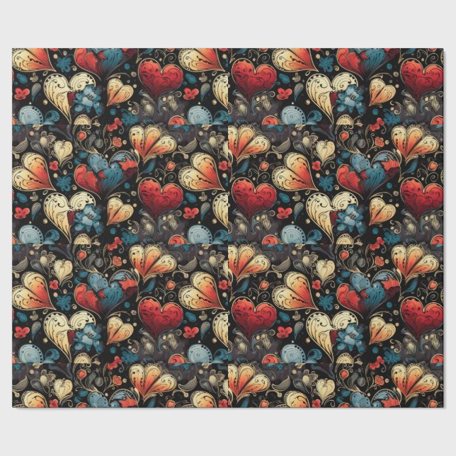 Small Red Roses Tattoo Hearts Digital Theme Wrapping Paper (Seam)