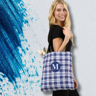 Small, Red, White & Blue Monogram Plaid Tote Bag