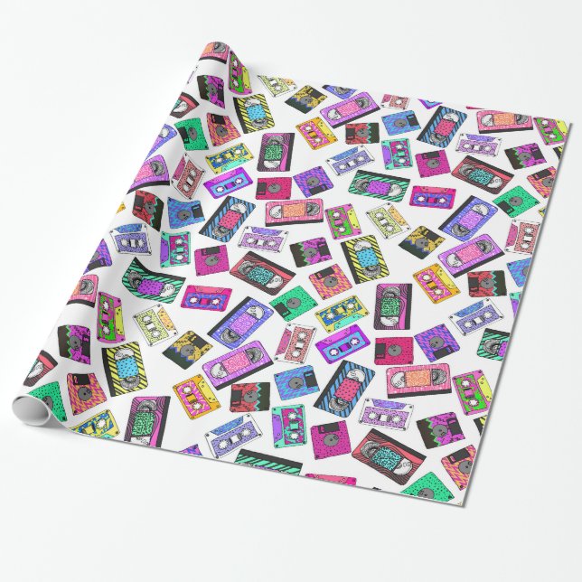 Small Retro 80's 90's Neon Patterned Cassette Tape Wrapping Paper (Unrolled)