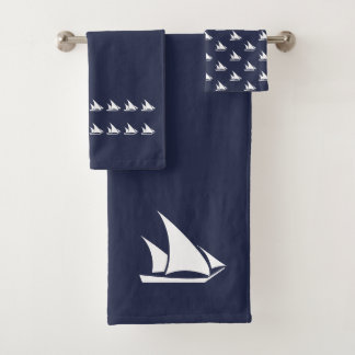 Small Sailboat Bathroom Ocean Blue & white Bath Towel Set