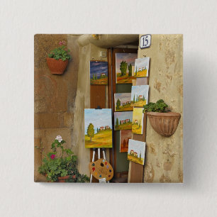 Small shope with artwork for sale on sidewalk 15 cm square badge