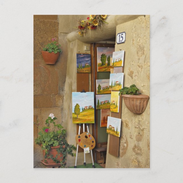 Small shope with artwork for sale on sidewalk postcard (Front)