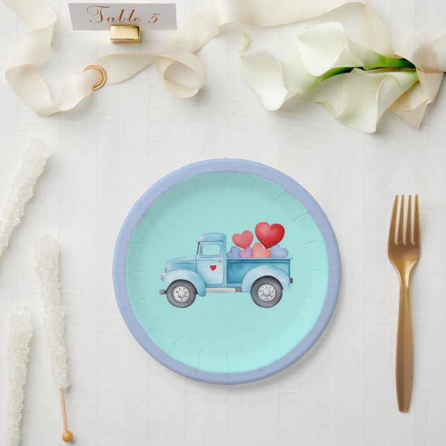 Small Single Blue Truck Valentine Party Paper Plate (Wedding)