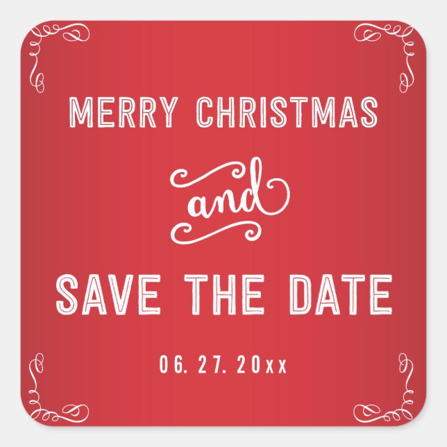 Small Square Red Save The Date Christmas Stickers (Front)