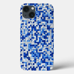 Small squares scattered, tones of blue with white iPhone 13 case