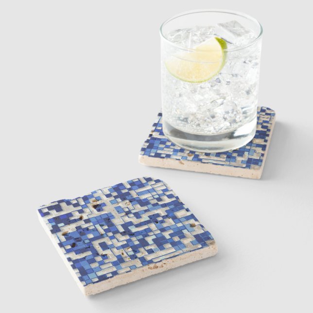 Small squares scattered, tones of blue with white stone coaster (Side)