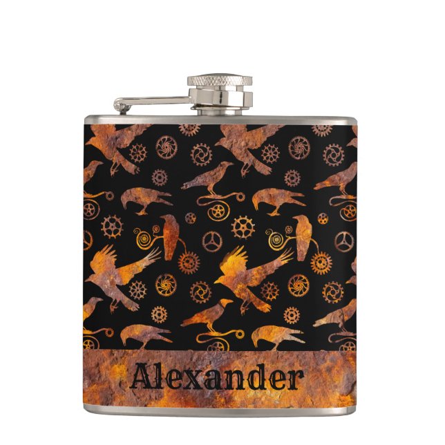Small Steampunk Colourful Rusty Gears and Crows Hip Flask (Front)