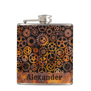 Small Steampunk Colourful Rusty Gears Custom Name Hip Flask