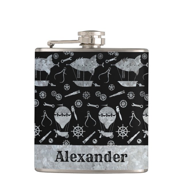 Small Steampunk Silver Zinc Airship Custom Name Hip Flask (Front)