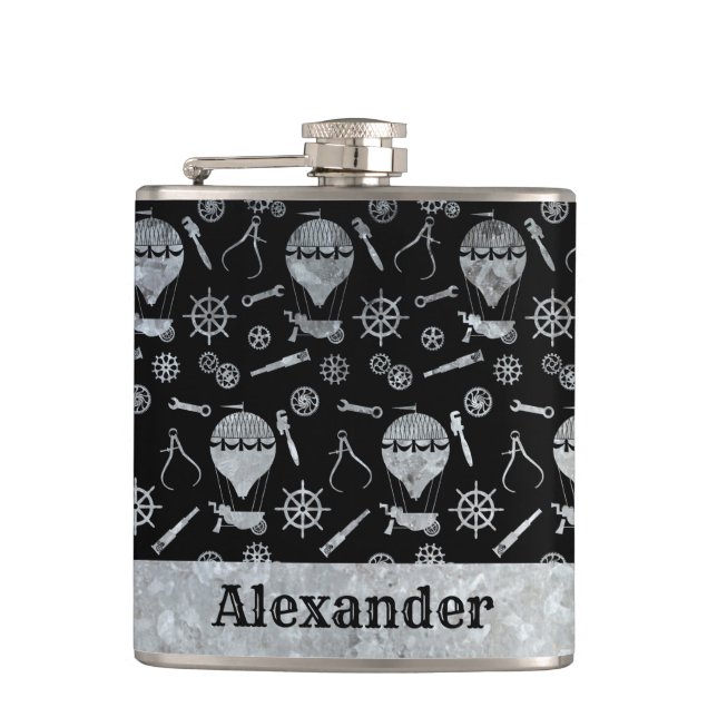 Small Steampunk Silver Zinc Balloon Custom Name Hip Flask (Front)