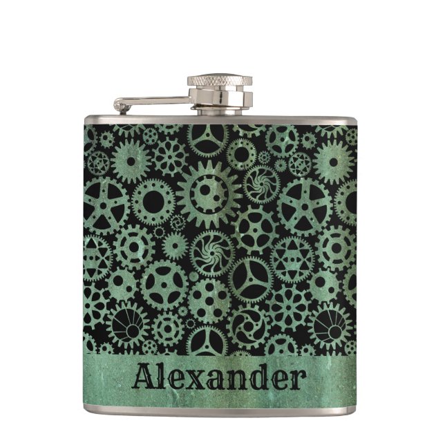 Small Steampunk Verdigris Bronze Gears Custom Name Hip Flask (Front)