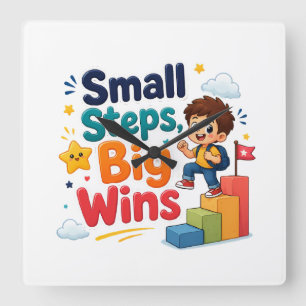 Small Steps, Big Wins – Cute Motivational Cartoon Square Wall Clock