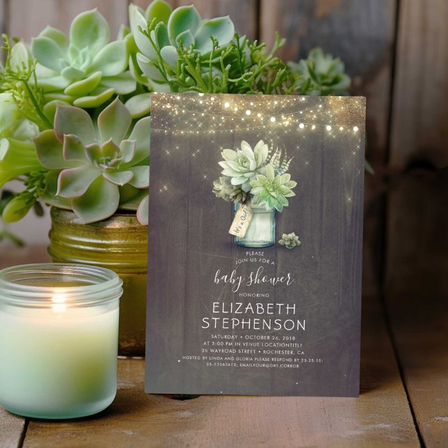 Small Succulents Mason Jar Rustic Baby Shower Invitation (Succulents Greenery Mason Jar Vase Rustic Baby Shower Invitations)