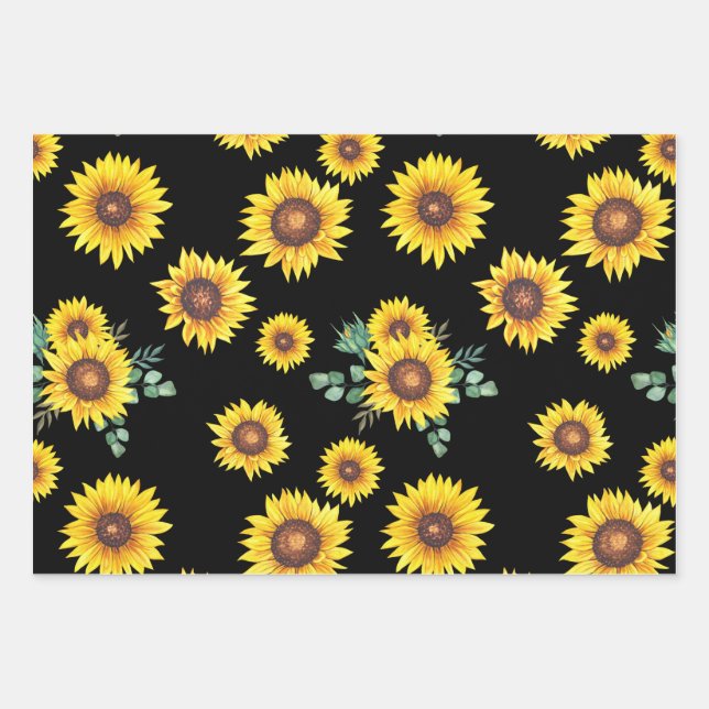 Small Sunflower pattern on black Background Wrapping Paper Sheet (Front)