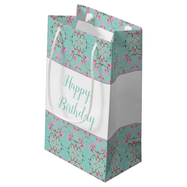 Small Sweet Teal and Pink Patterned Gift Bag (Back Angled)