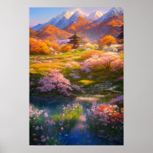 Small Temple amid Blossoming Nature Poster