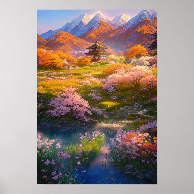 Small Temple amid Blossoming Nature Poster (Front)