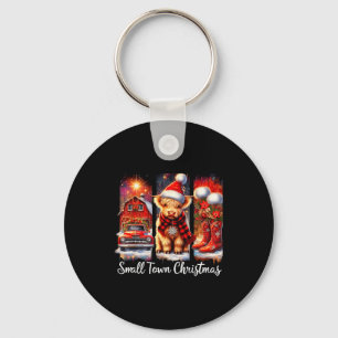 Small Town Christmas Highland Cow Western Art Key Ring