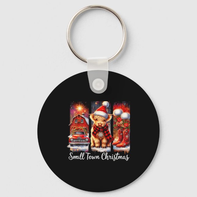 Small Town Christmas Highland Cow Western Art  Key Ring (Front)