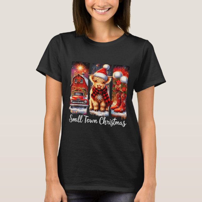 Small Town Christmas Highland Cow Western Art  T-Shirt (Front)