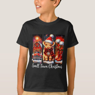 Small Town Christmas Highland Cow Western Art  T-Shirt