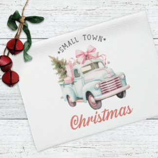 Small Town Christmas Pink Truck Christmas Tea Towel