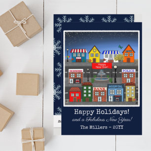 Small Town Neighbourhood Nighttime   Navy Blue Holiday Card