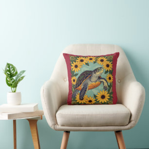 Small Turtle And Black-Eyed Daisy Flowers Cushion