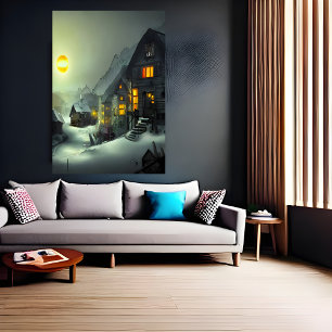 Small village in the snow   AI Art  Poster