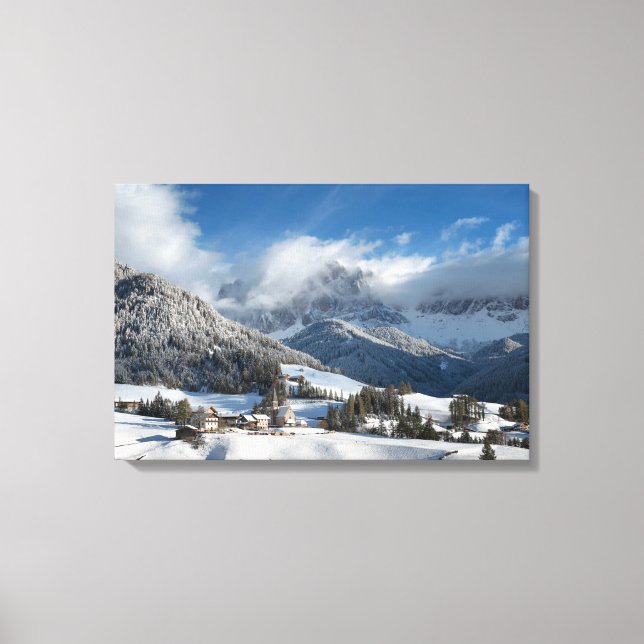 Small village with Dolomites mountains in the snow Canvas Print (Front)