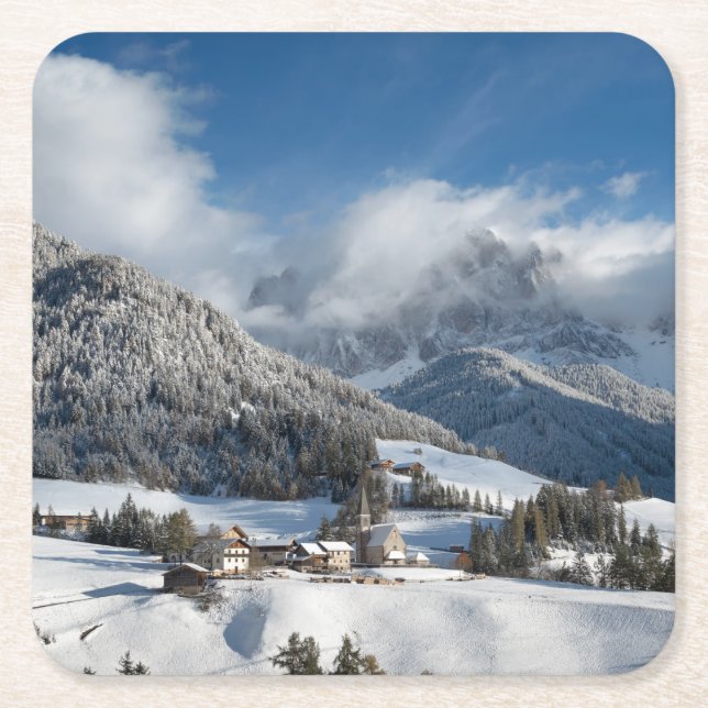 Small village with Dolomites mountains in the snow Square Paper Coaster (Front)