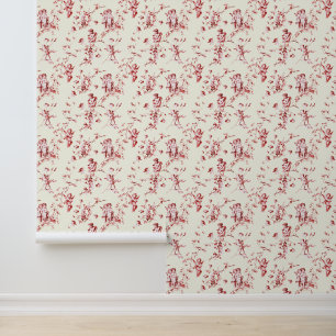 Small Vintage Cupid Angels Floral Red Ivory Toile Wallpaper