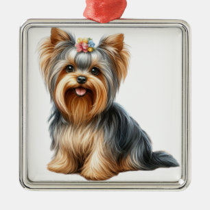 SMALL WATERCOLOR YORKSHIRE TERRIER PUPPY DOG METAL TREE DECORATION