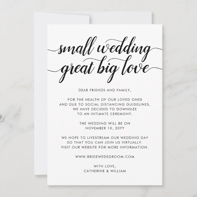 Small Wedding Great Big Love Downsize Change Plans Announcement (Front)