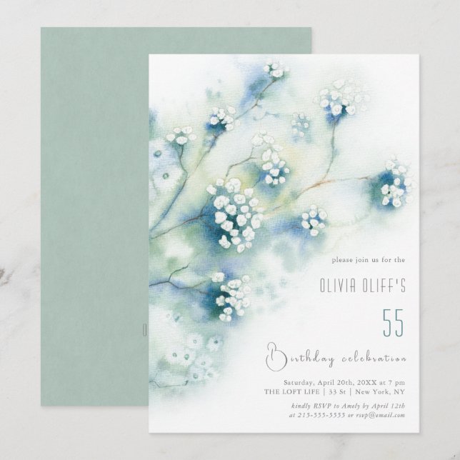 Small White Flowers Birthday Any Age Invitation (Front/Back)