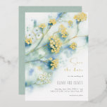 Small White Flowers Save The Date<br><div class="desc">Save The Date Foil Invitation with small white flowers. Hand drawn abstract flowers on a blue green background. Soft Ornate floral watercolor painting. Abstract nature backdrop with gypsophila floral branches. Vintage cute floral twigs, elegant flowers, spring or summer floral design, romantic bouquet. Botanical plot. Delicate flower botany Save The Date...</div>