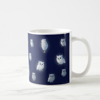 Small white owls on a dark blue background  coffee mug