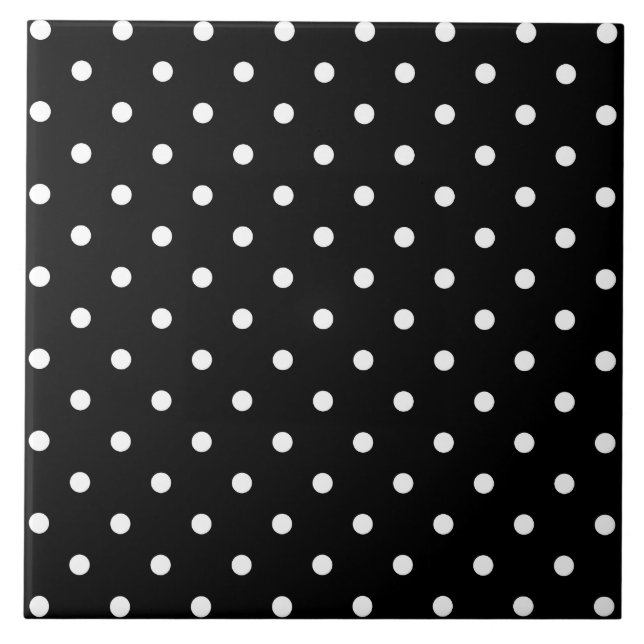 Small White Polka dots black background Tile (Front)