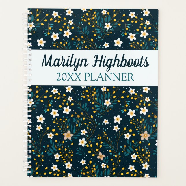 Small White, Teal, and Goldenrod Flowers Planner (Front)
