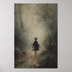 Small Witch Child In Foggy Dark Woods With Poster