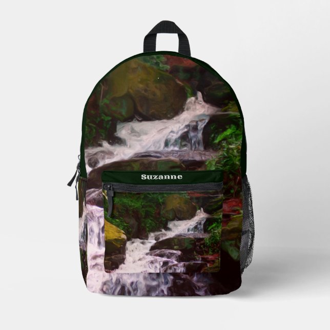 Small Woodland Waterfall Oil Painting Personalised Printed Backpack (Front)