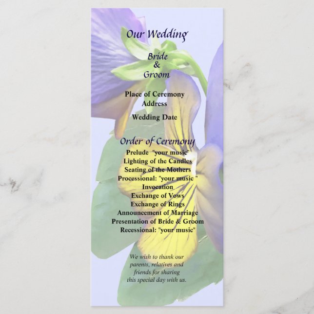 Small Yellow and Purple Pansies Wedding Program Programme (Front)