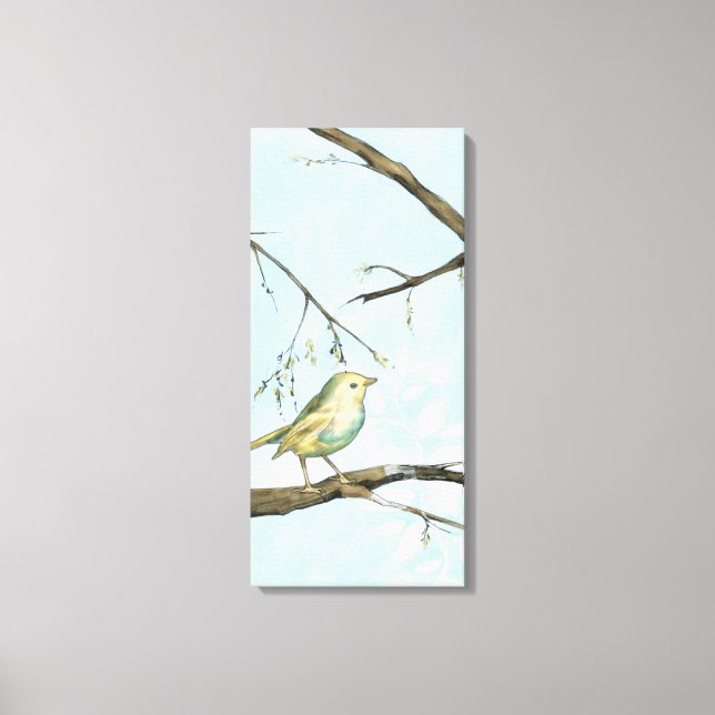 Small Yellow Bird Perched on a Branch Looking up Canvas Print (Front)