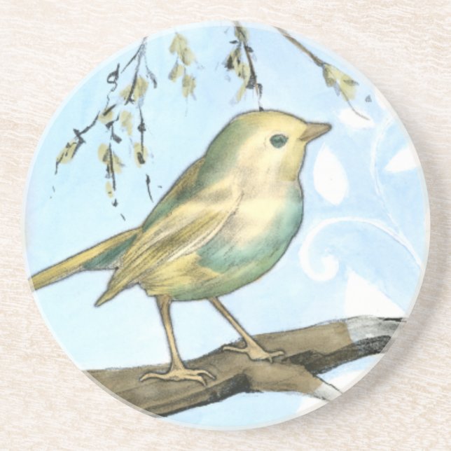 Small Yellow Bird Perched on a Branch Looking up Coaster (Front)