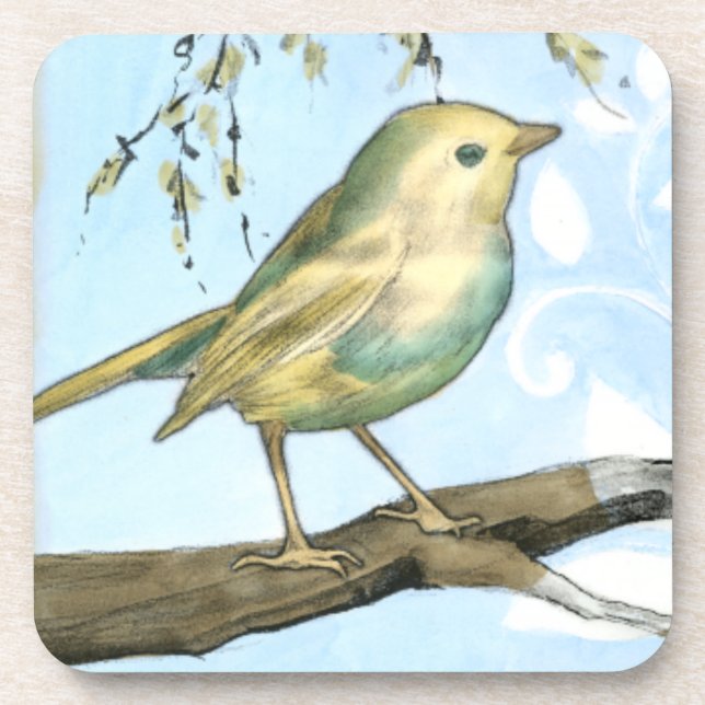 Small Yellow Bird Perched on a Branch Looking up Coaster (Front)