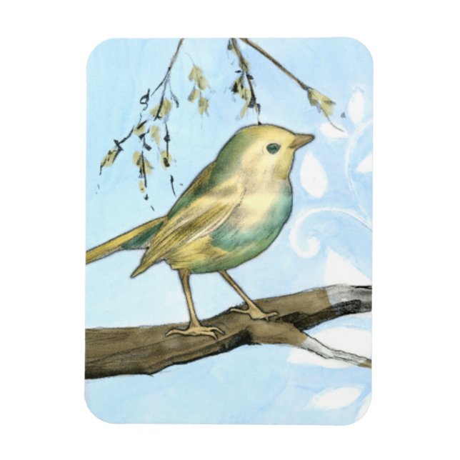 Small Yellow Bird Perched on a Branch Looking up Magnet (Vertical)