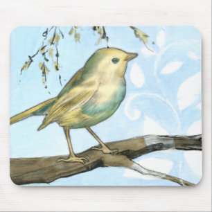 Small Yellow Bird Perched on a Branch Looking up Mouse Pad